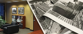 Composite of large architectural prints in close up next to a modern office with the prints framed on the wall