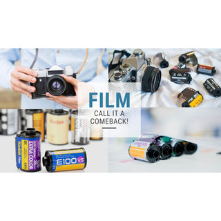 A composite of 4 images depicting film cameras and rolls of film with the title, "FILM: Call it a comeback" at Photolab Berkeley