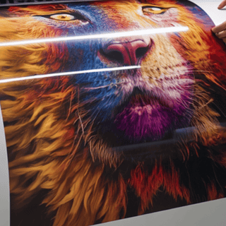 Large digital print of vibrant lion face coming out of printer at photolab-berkeley.com
