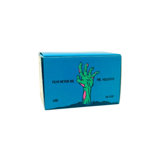 A blue rectangular box with a green zombie hand graphic and the text 'FILM NEVER DIE MR. NEGATIVE' on a plain white background.