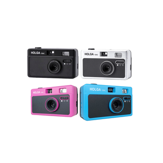 Four compact retro-style Holga 120AC instant cameras arranged in a 2x2 grid on a white background, shown in black, white, pink, and blue color options.