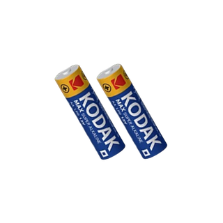 Two Kodak Max Super Alkaline batteries shown diagonally on a plain white background.