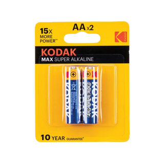 A retail pack of two Kodak Max Super Alkaline AA batteries in a yellow blister card package, shown on a plain white background.