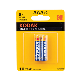 A pack of two Kodak AAA super alkaline batteries in a yellow blister card package, with the Kodak brand name and logo clearly visible.