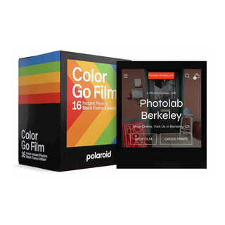 Polaroid Color Go Film packaging with a website mockup on a white background