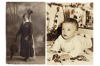 Photo restoration examples of a society woman next to a wide-eyed baby at Photolab of Berkeley