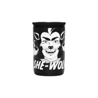 A black cylindrical tumbler with a black lid, featuring a white graphic of a stylized wolf face and the text 'SHE-WOLF' printed on the front, set against a plain white background.